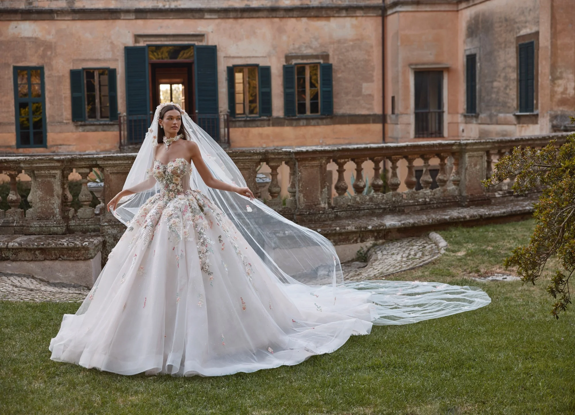 Veni Infantino floral appliqué designer wedding gown — wedding dresses for Liverpool brides